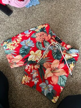 Abercrombie & Fitch Red Tropical Floral Swim Shorts